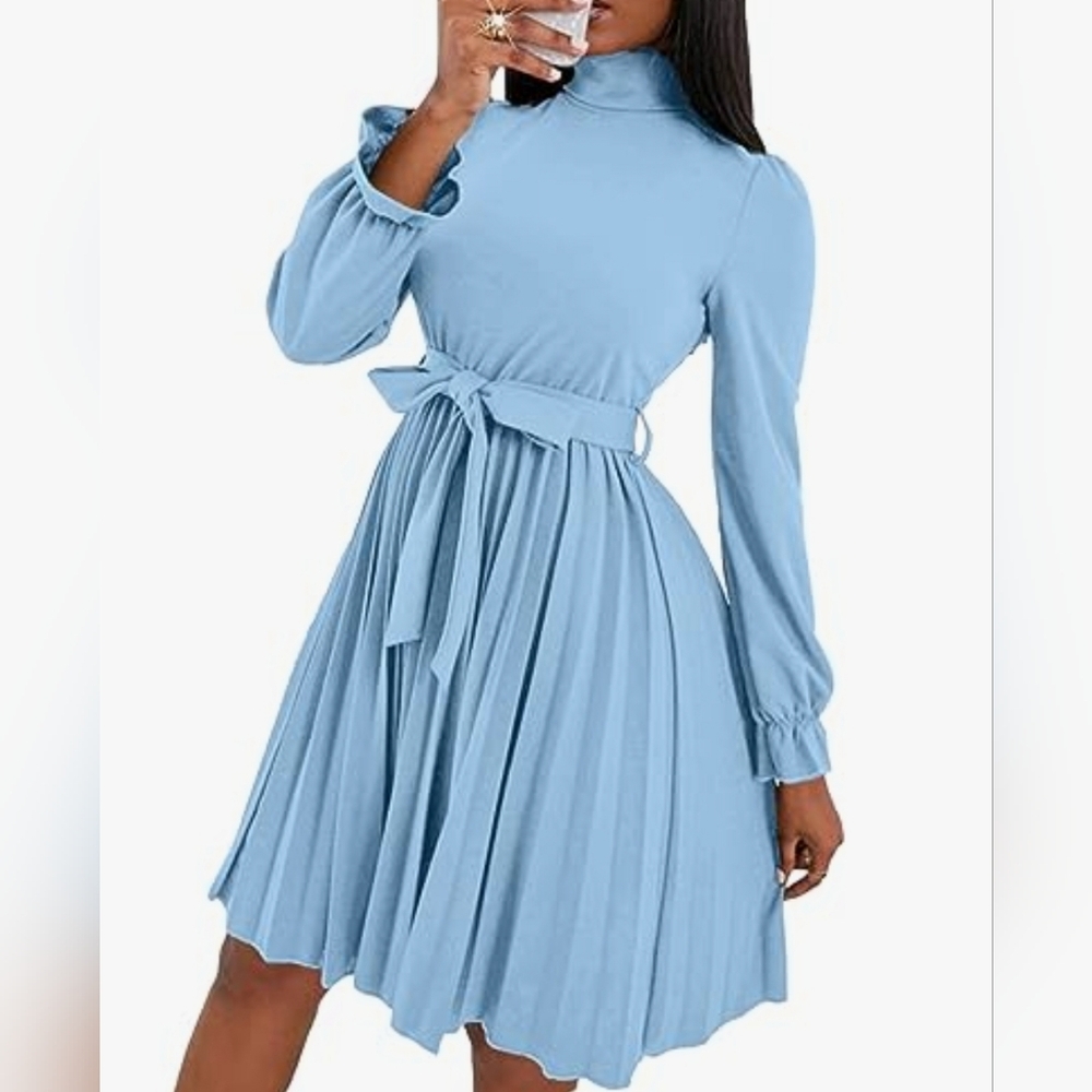 Womens Blue Mock Neck Pleated Flounce Long Sleeve Tie Waist A Line Dress Azure